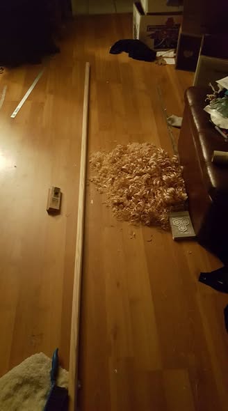 Spear haft planed down from an oak 2x2x8 for making a tampo yari, a training spear. For my Seagirt Scholars Trials.